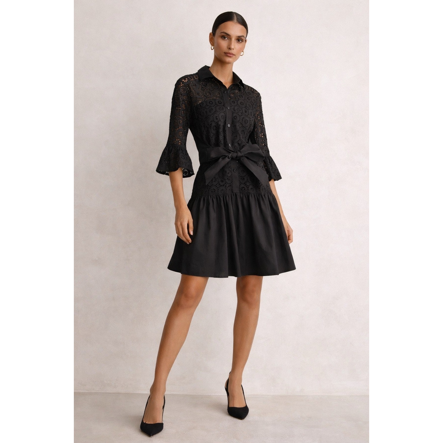 New Derek Lam 10 Crosby Black Eyelet Lace Belted Mini Dress Small 2 Chic